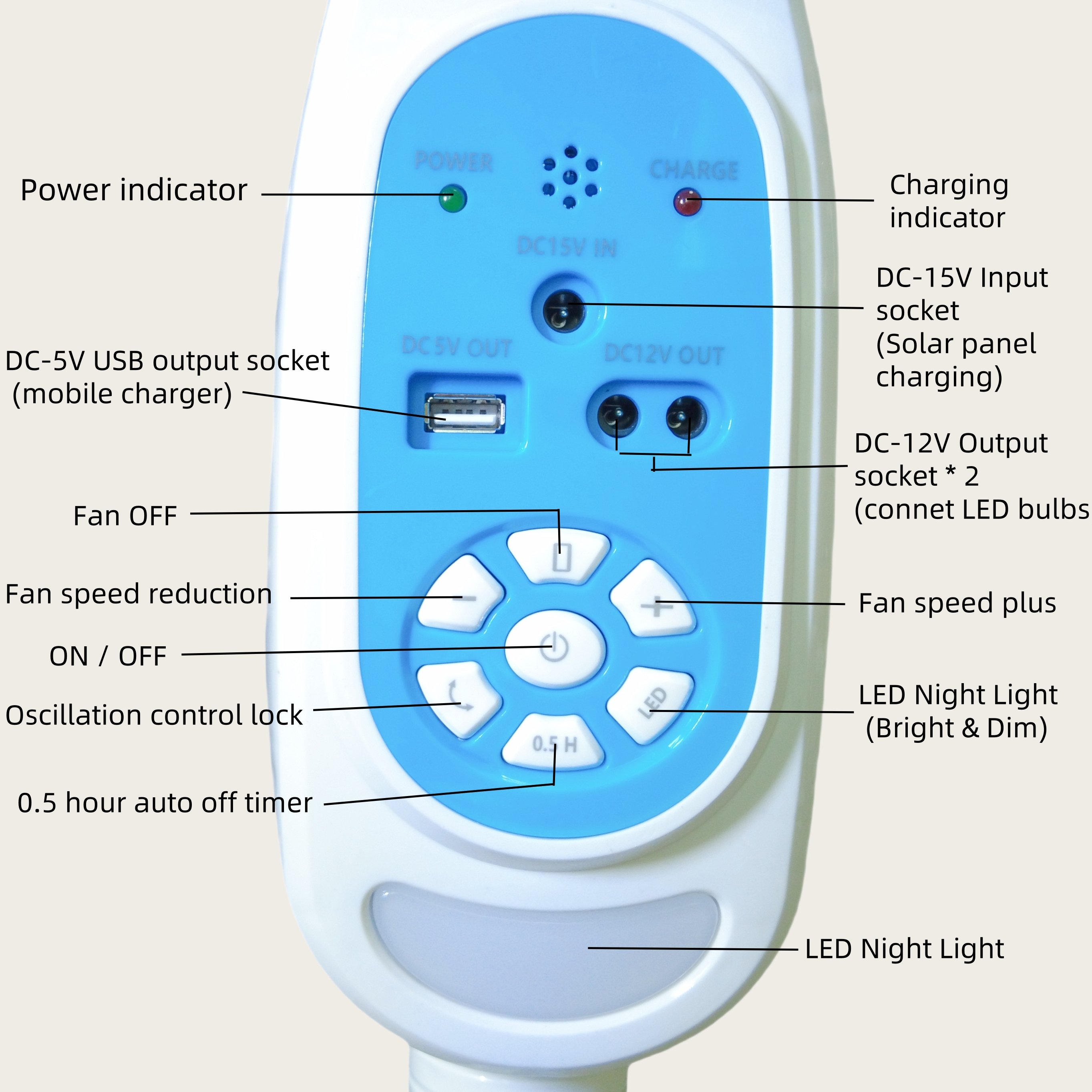 AC/DC Solar Stand Fan Rechargeable 16inch With LED Light Bulbs Battery Solar Panel Remote Control 9 Speeds Timer DB16X for Home