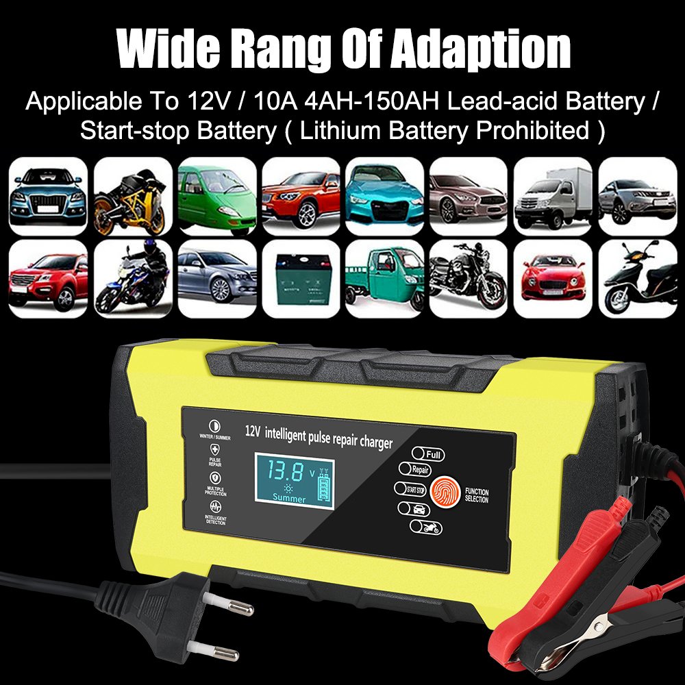 US Plug Car Motorcycle Battery Charger 12V 10A Intelligent Fast Power Charging Auto Pulse Repair Automatic Smart Fast
