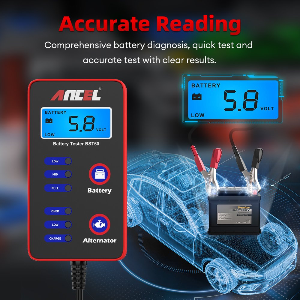 2025 ANCEL BST60 Digital Car Tester 12V Battery Analyzer with Cigarette Lighter Adapter and Alternator Tester English Language