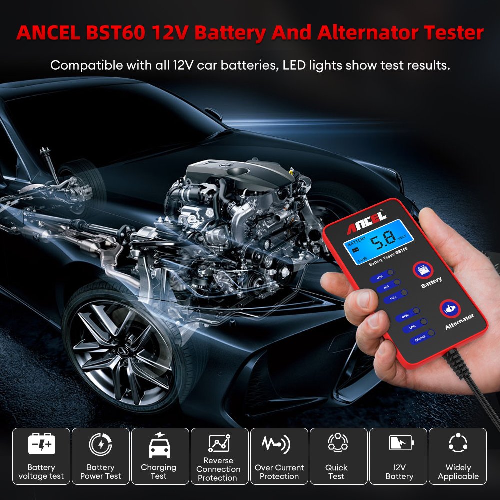 2025 ANCEL BST60 Digital Car Tester 12V Battery Analyzer with Cigarette Lighter Adapter and Alternator Tester English Language