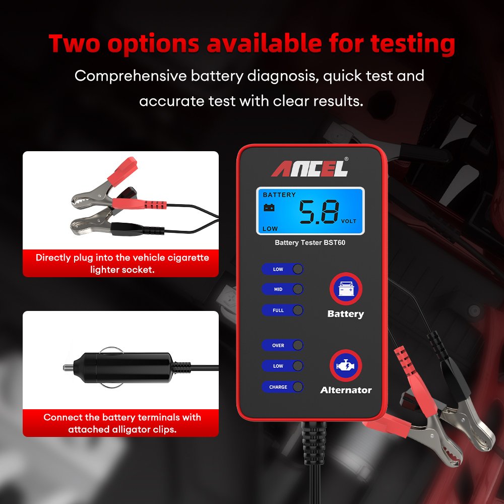 2025 ANCEL BST60 Digital Car Tester 12V Battery Analyzer with Cigarette Lighter Adapter and Alternator Tester English Language