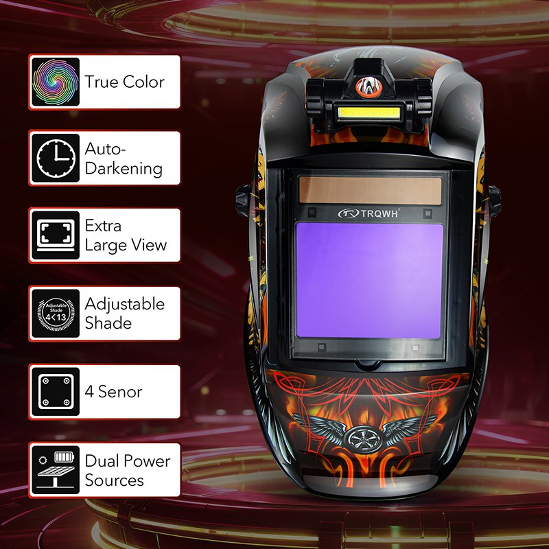 TRQ Wide Vision 100*80mm True Color Solar Auto Darkening Welding Helmet,4 Arc Sensors for TIG MIG Arc Welding Welder Mask
