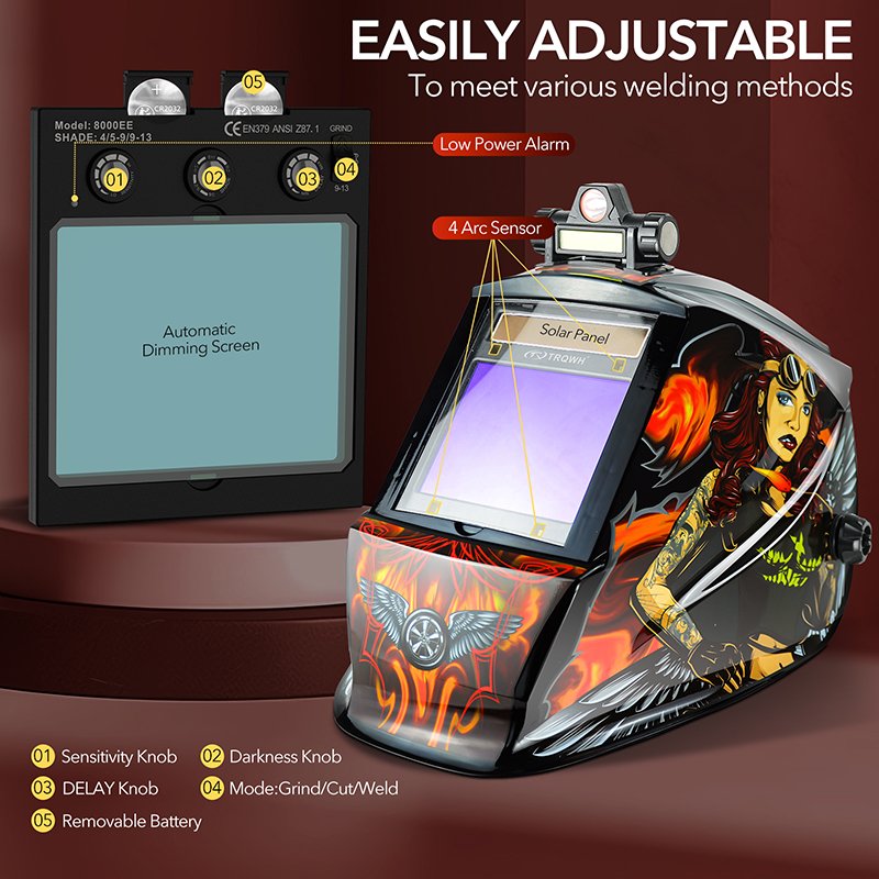 TRQ Wide Vision 100*80mm True Color Solar Auto Darkening Welding Helmet,4 Arc Sensors for TIG MIG Arc Welding Welder Mask