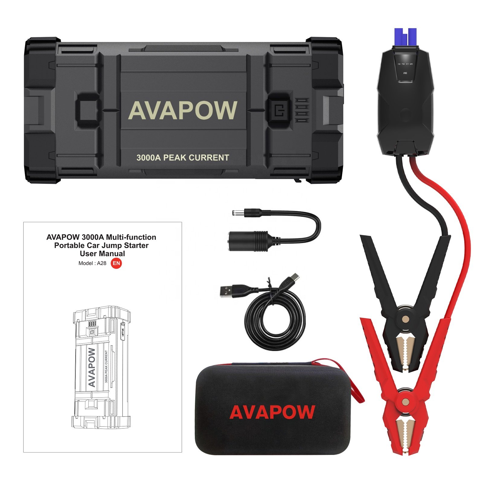 A28 AVAPOW 3000A 16000mAh Portable Car Jump Starter Emergency Starter Auto Car Battery Booster Car Emergency Starter