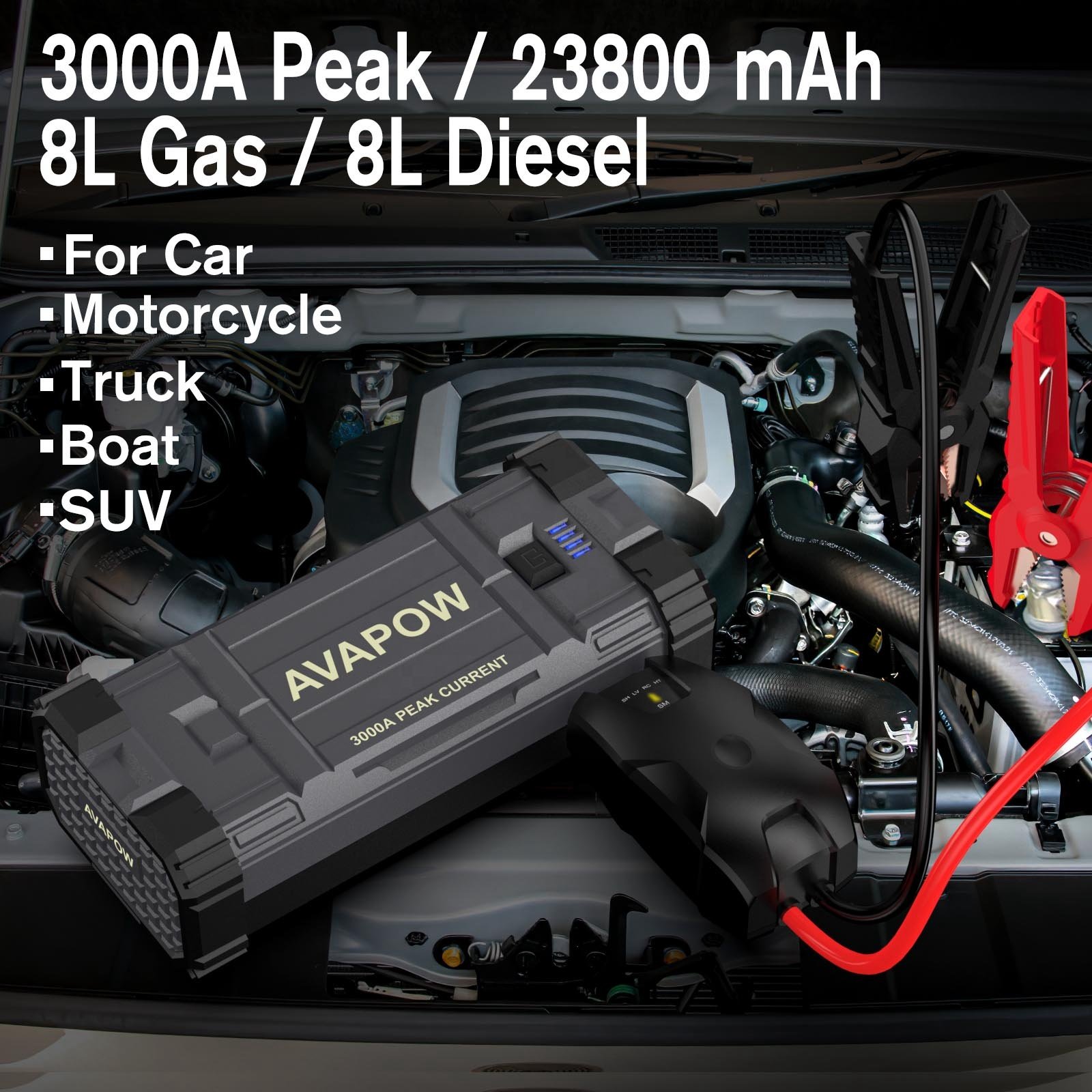 A28 AVAPOW 3000A 16000mAh Portable Car Jump Starter Emergency Starter Auto Car Battery Booster Car Emergency Starter