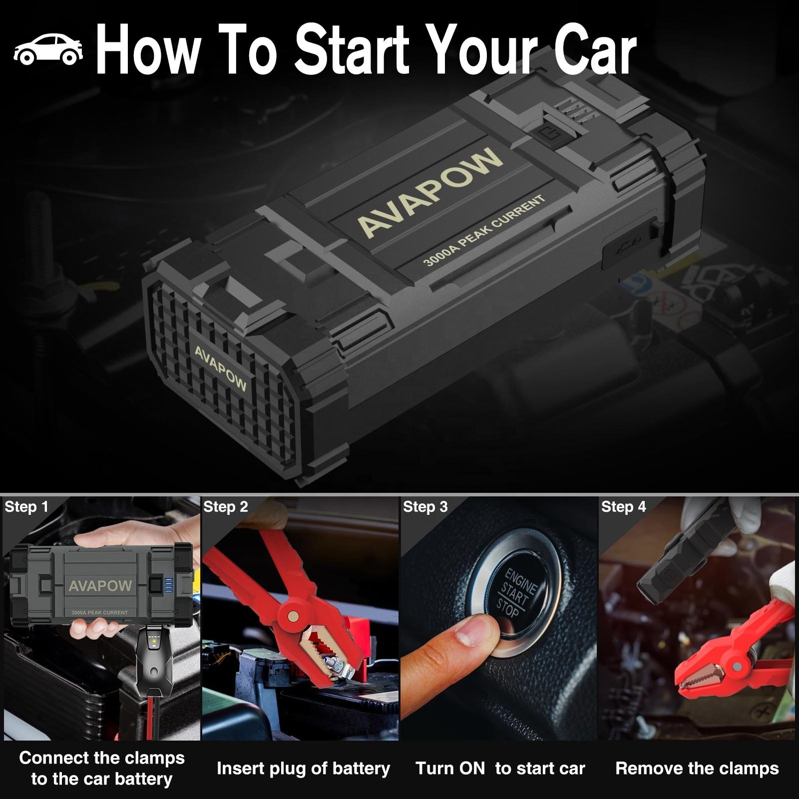 A28 AVAPOW 3000A 16000mAh Portable Car Jump Starter Emergency Starter Auto Car Battery Booster Car Emergency Starter