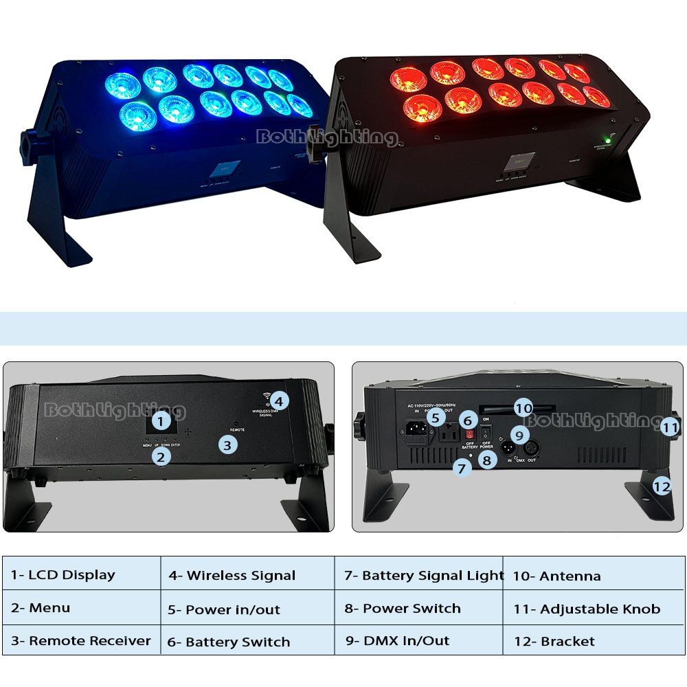 Powerful Battery LED up Lighting 12x18W RGBWA+UV Wireless Dmx Wash Uplights with WIFI & IR Dj for Wedding Dj Party Event Effects