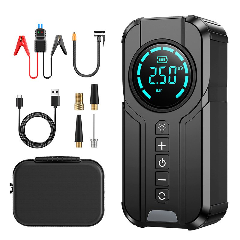 Cost-effective Car Battery Jump Starter Tire Inflator Power Bank Portable Air Compressor with EVA Bag Motorcycles Black USB-C