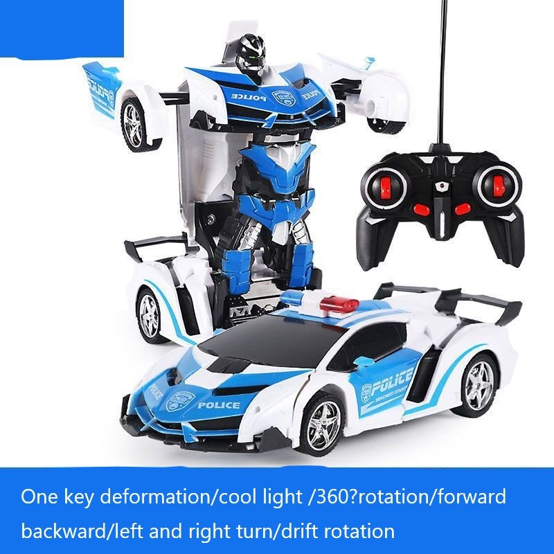 Rechargeable Four-Way Racing Sports Car Toy for Kids Remote Control Transformer Robot LED Light Police Car for Boys