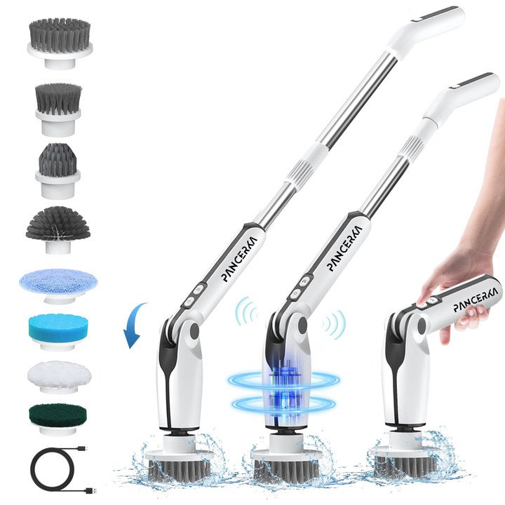 PANCERKA Household Electric Spin Brush Cordless Motor Cleaning Brush with Extension Handle & Chargeable Power