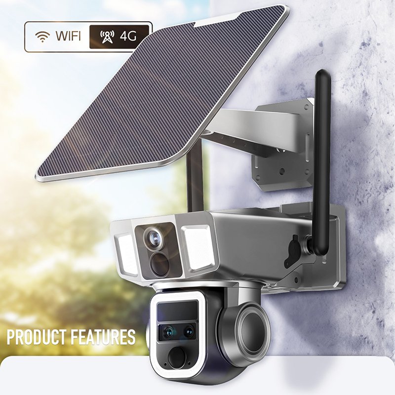 JOAREON 2 in 1 4G and WiFi Dual Screen Solar Camera Outdoor 4MP Three Lens Dual PIR Detection 10X Zoom Auto Tracking CCTV Cam