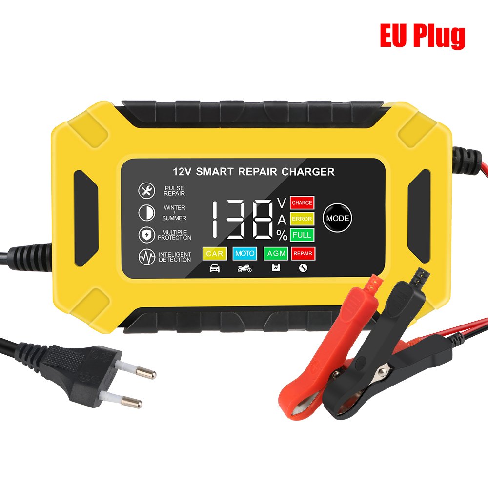 EU Plug Car Battery Charger Digital LCD Display Smart Truck Motorcycle Car Charger Pulse Repair Wet Dry Lead Acid Gel Charger