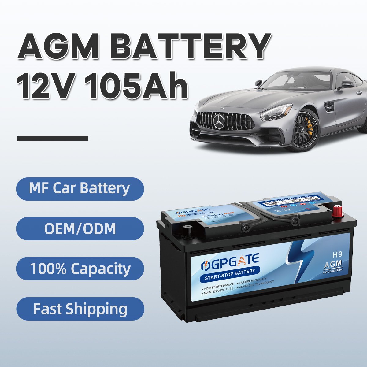 Made in China AGM MF 12V 105Ah 6-QTF-105 (H9) Car Start-stop Battery, Suitable for German Cars