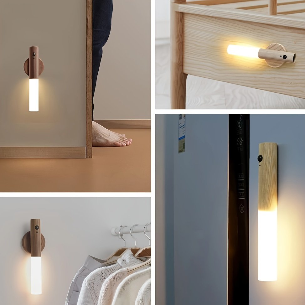 Creative Intelligent Home Auto Motion Sensor LED Rechargeable Magnetic Night Light Wood Wall Light Kitchen Cabinet Light Wall La