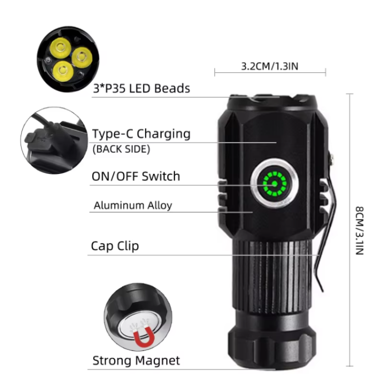 1000 Lumens Aluminum Alloy 3 LED Glare Flashlight Super Bright Mini Portable Tactical Flashlight Outdoor Torch With Magnet