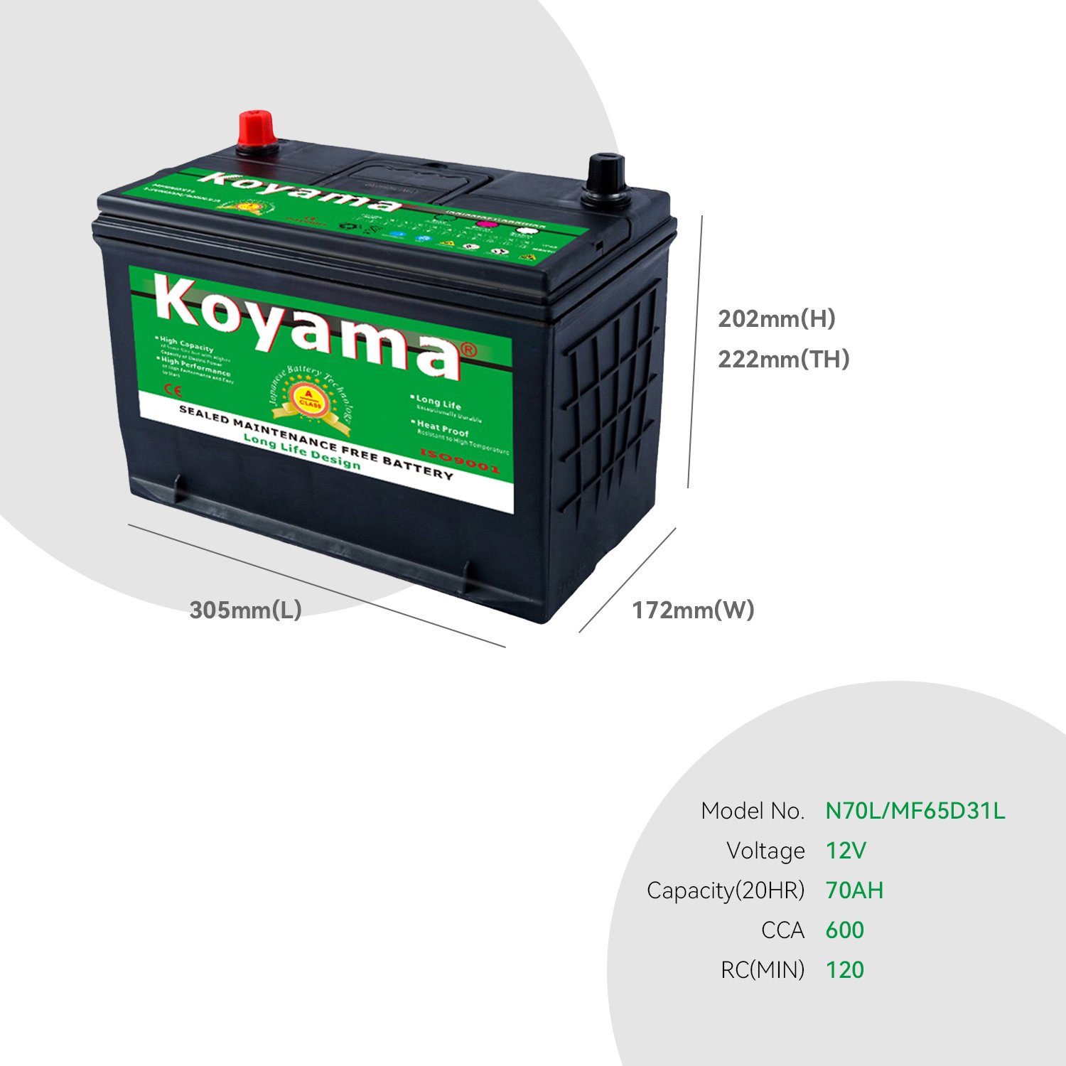N70L (12V 70Ah) KOYAMA High Quality Sealed Maintenance Free Automotive Car Battery JIS Standards Cheap Lead Acid Battery
