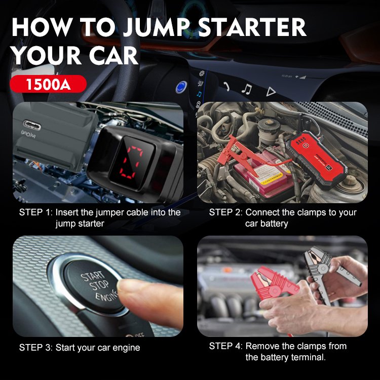12V Smart Auto Battery Booster Pack LED Light Jump Starter With Safety Jumper Cable Power Bank For Car And Truck Jump Start