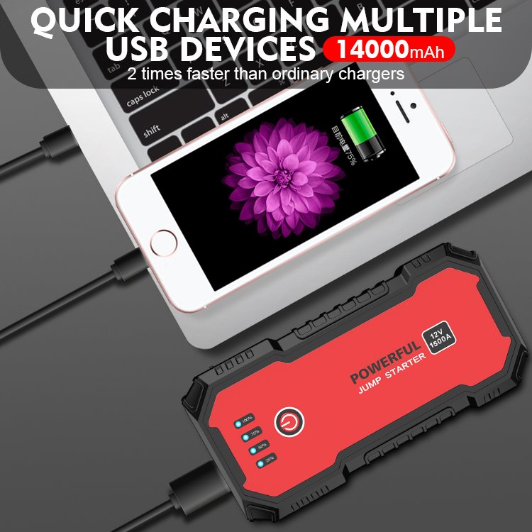 12V Smart Auto Battery Booster Pack LED Light Jump Starter With Safety Jumper Cable Power Bank For Car And Truck Jump Start