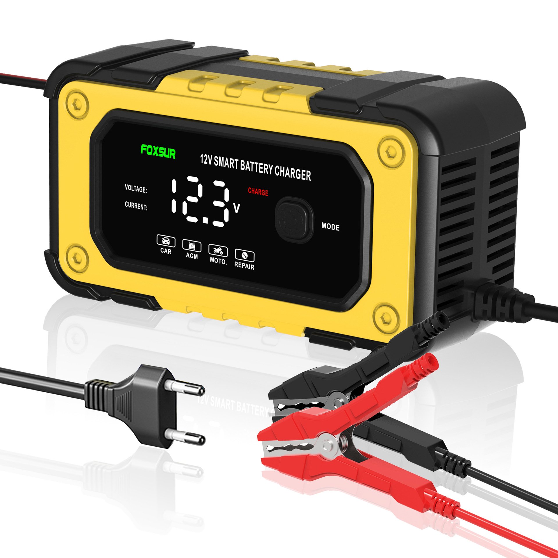 FOXSUR 12V 6A Stage Lead Acid AGM LiFePo4 Motorcycle Car Lithium Battery Smart LCD Display Automatic Charger