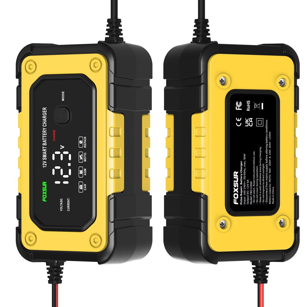 FOXSUR 12V 6A Stage Lead Acid AGM LiFePo4 Motorcycle Car Lithium Battery Smart LCD Display Automatic Charger