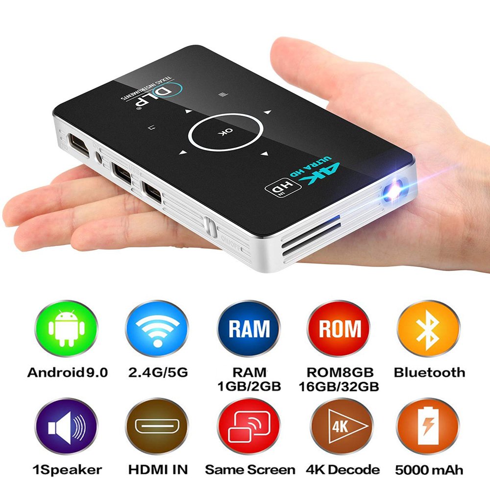 Yinzam P06 Mini Projector with 5000 MAh Battery Android 9.0 2GB 32GB Touch Panel Support 4K Video Mini Beamer 3D Projectors 8K