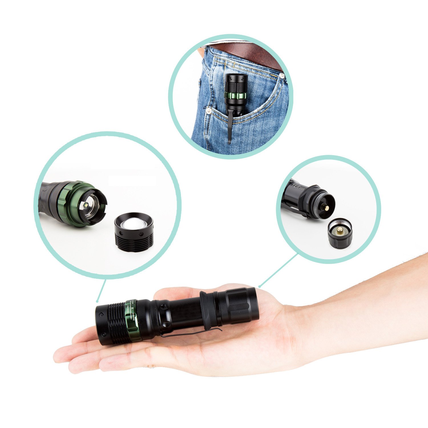 XINSITE High Performance 700 Lumen LED Zoom Flashlight Aluminum Alloy Body with Clip