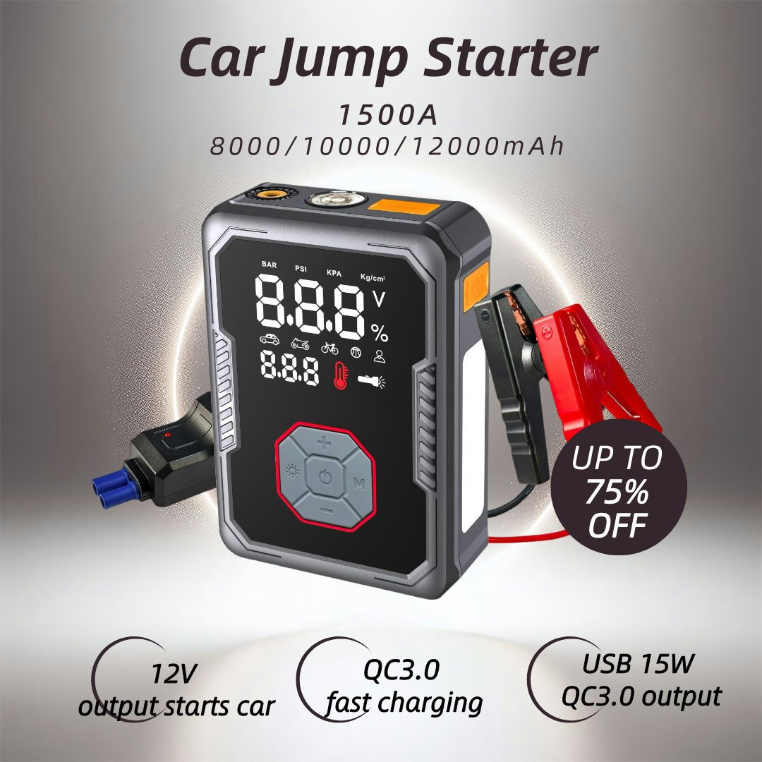 12000mAh Car Battery Charger & 1500A Jump Starter - 12V Auto Booster with Reverse Polarity Protection