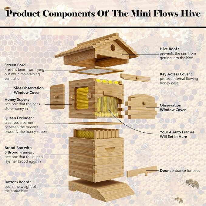 4 Pcs Auto Beehives Boxes Starter Kit With Beehive Frames and 6 Brood Frames for Self-Flowing Honey Design Bee Hive Box