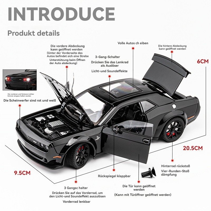 Diecast Alloy Model Car 1:24 Challenger Charger SRT Alloy Car Model with Sound and Light Pullback Decorate Metal Model