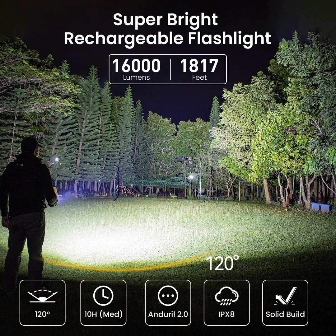 Q8 Plus Super Powerful 16000lm LED Flashlight USB-C Rechargeable 21700 Anduril 2.0 Torch