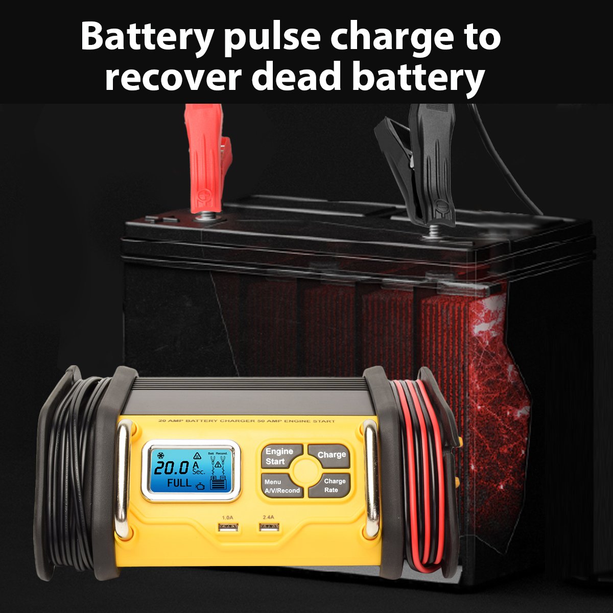 Professional 12V Lead Acid Battery Charger 2A/5A/10A/20A Automatic Battery Charger 3 Stage Auto Battery Charger 2 X USB Electric
