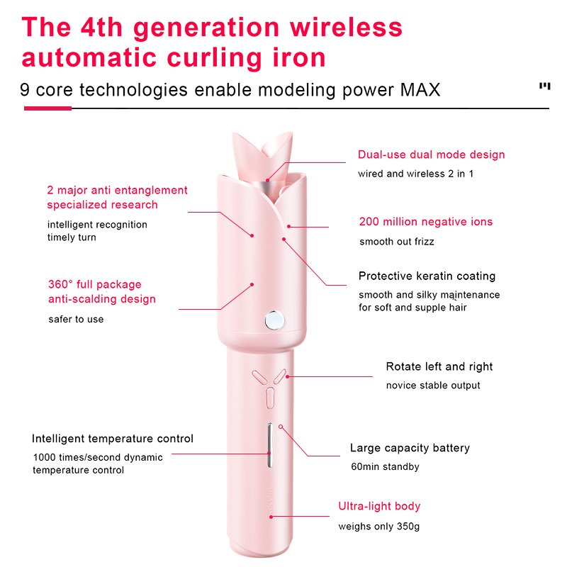 Portable Hair Curler Lightweight Auto Spin Curling Wand Effortless Curls & Waves Automatic Rotating Curling Iron for Travel