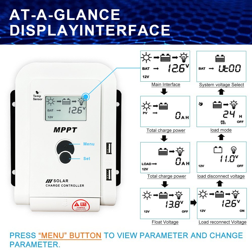 10A 20A 30A 40A 50A 60A Mppt 12V 24V Auto Regulator Home Solar Panel Battery Charge Controller for Lithium