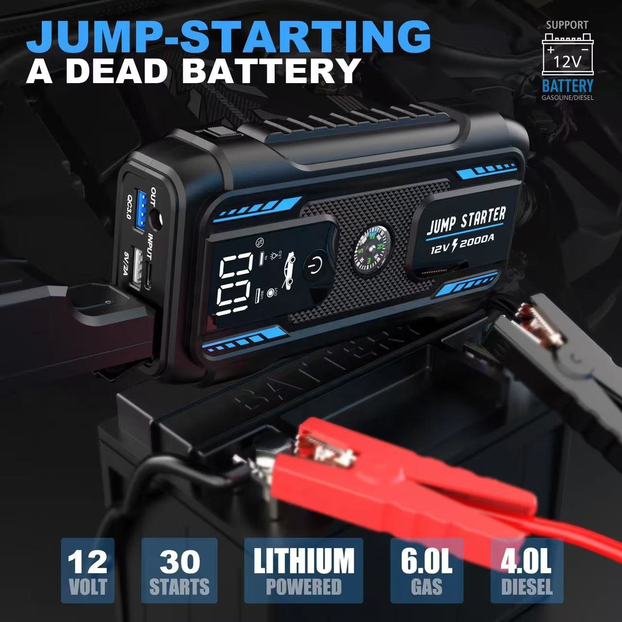 Portable Capacity Lithium 22000 MAh Start Booster Power Bank 2000AMP Auto Starting Battery Charger Jump Starter for Cars