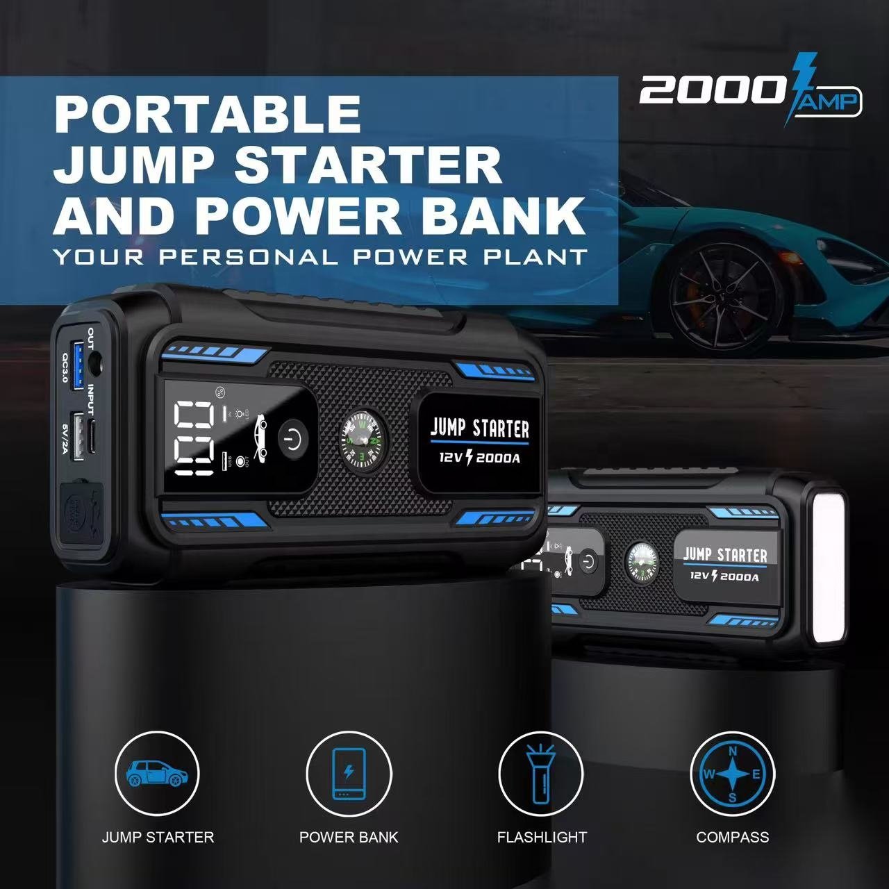 Portable Capacity Lithium 22000 MAh Start Booster Power Bank 2000AMP Auto Starting Battery Charger Jump Starter for Cars