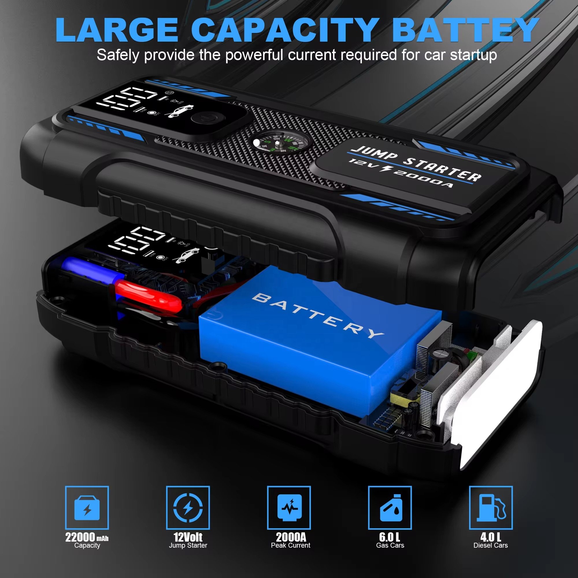 Portable Capacity Lithium 22000 MAh Start Booster Power Bank 2000AMP Auto Starting Battery Charger Jump Starter for Cars