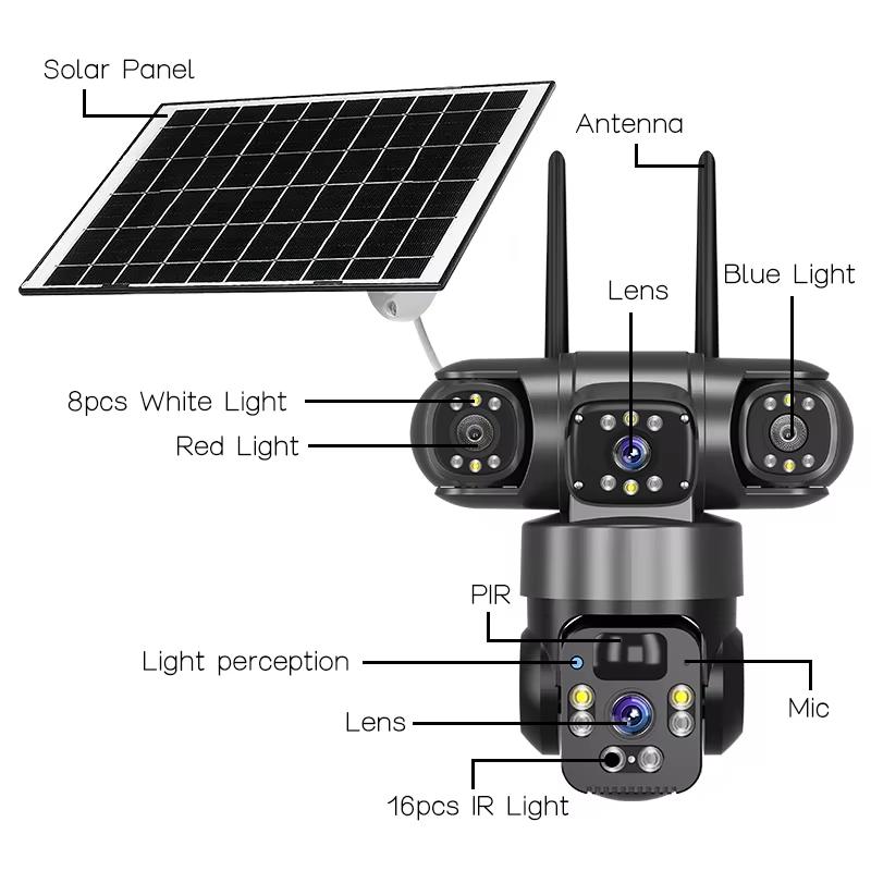 V380 Three Lens Outdoor Surveillance Camera PTZ 360 Wireless Wifi Two Way Audio Auto Tracking 12mp Security Camera OEM 4g