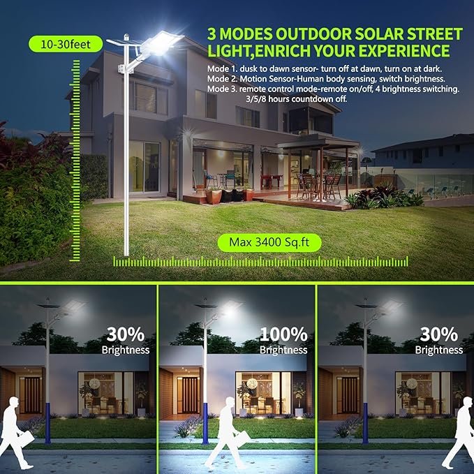 Remote Control Solar Street Light with Pir Motion Sensor IP67 Waterproof Solar Pole Lamp Commercial Parking Lot Lights