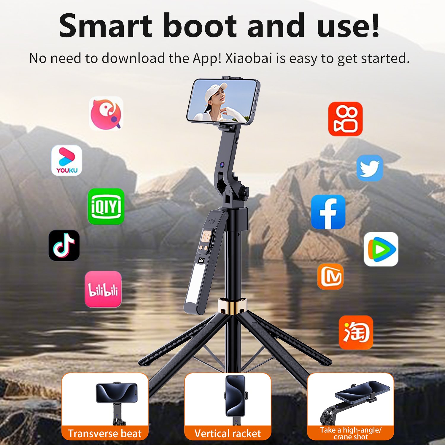 Original Factory 360° Face Tracking Selfie Stick 180CM Extended Height Rotation Tracking Gimbal with Fill Light Handle CL12-P