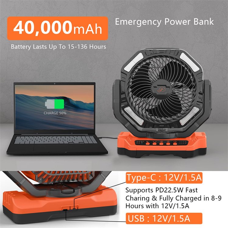 Outdoor Tent Fan 40000mAh High Capacity Battery Floor Fan Auto Oscillation Rechargeable Portable Battery Fan