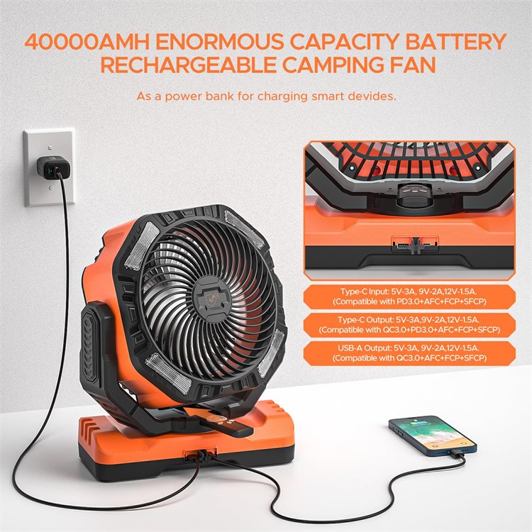Outdoor Tent Fan 40000mAh High Capacity Battery Floor Fan Auto Oscillation Rechargeable Portable Battery Fan