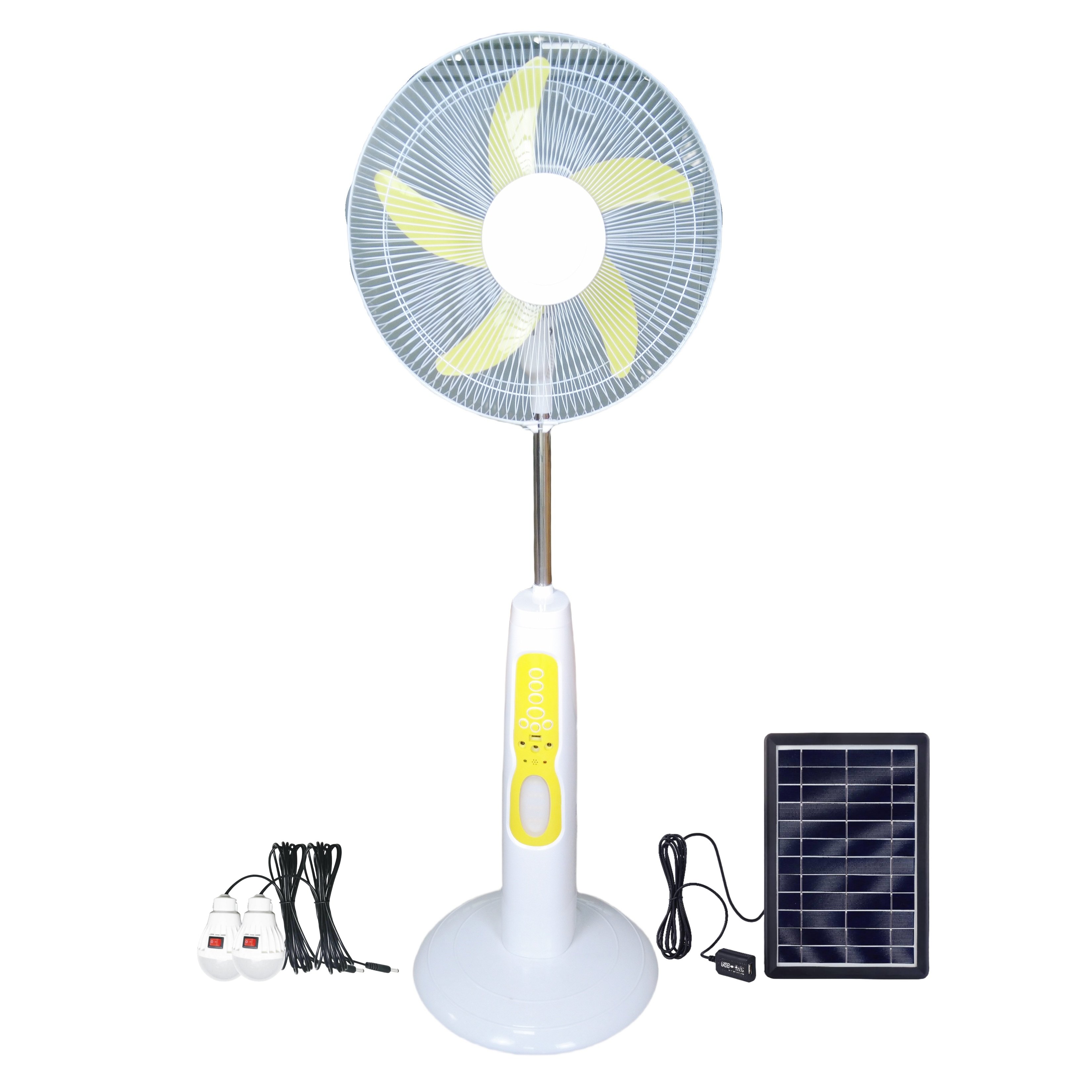AC/DC Solar Stand Fan Rechargeable 16inch With LED Light Bulbs Battery Solar Panel Remote Control 3 Speeds Timer DA16 Portable