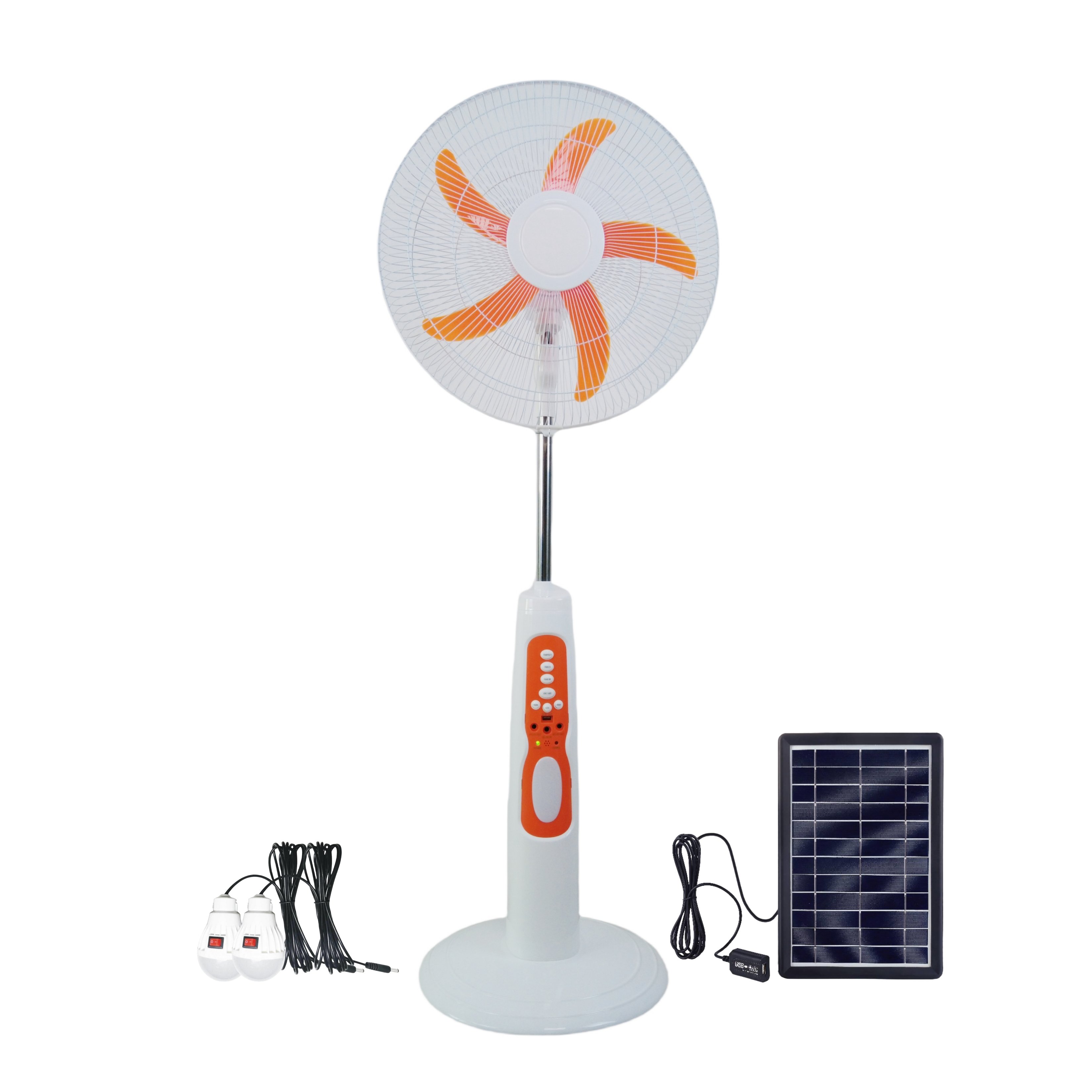 AC/DC Solar Stand Fan Rechargeable 16inch With LED Light Bulbs Battery Solar Panel Remote Control 3 Speeds Timer DA16 Portable