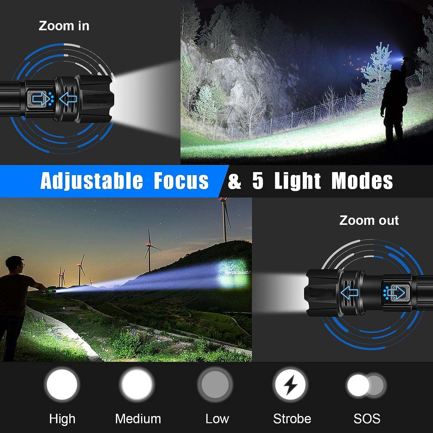 Super Bright IP67 Waterproof High Lumen USB Rechargeable 20000 Lumen Led Flashlights for Emergencies Camping
