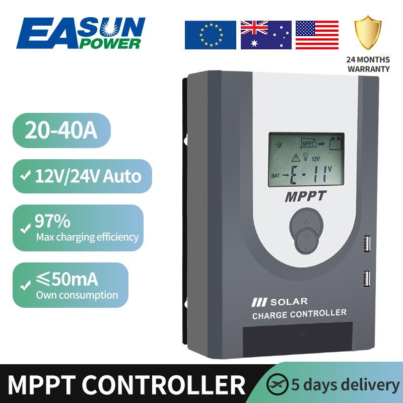EASUN POWER 20A 30A 40Amps Battery Charger with BLE 12v 24v Auto 100Voc MPPT Solar Charge Controller