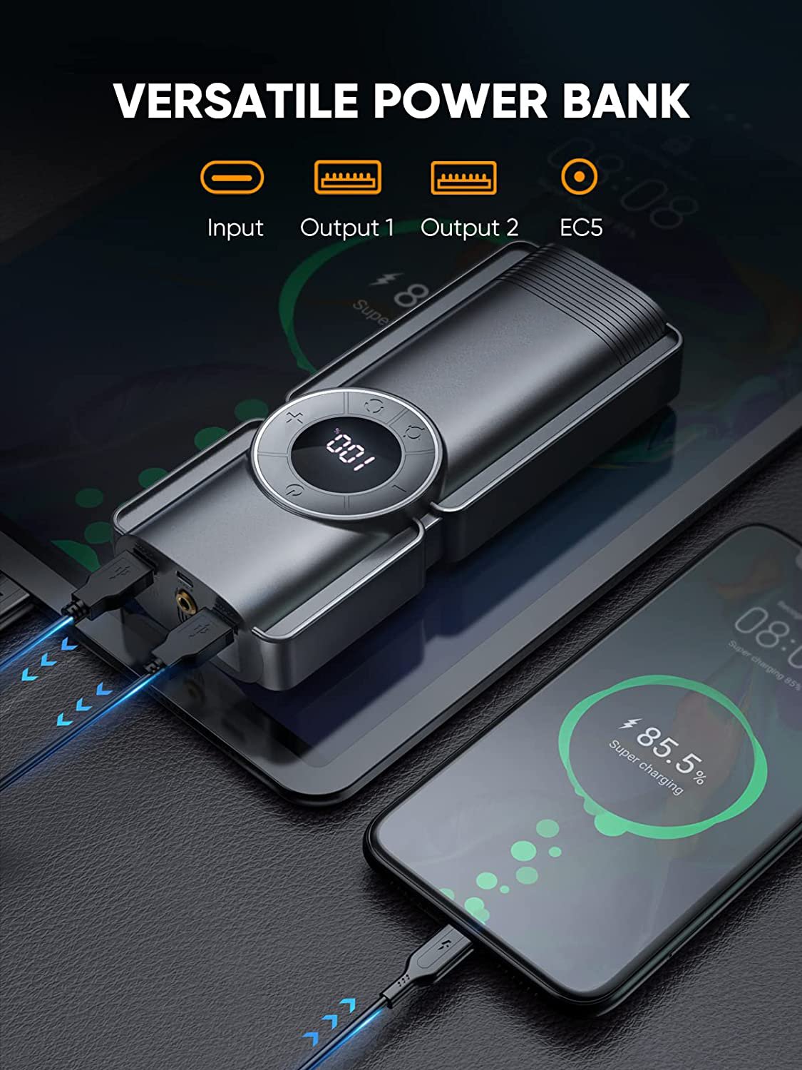 Wireless Multifunctional Silent Digital Display Automatic 12v 20000mah Jump Starter Instant Car Air Pump Tire Compressor