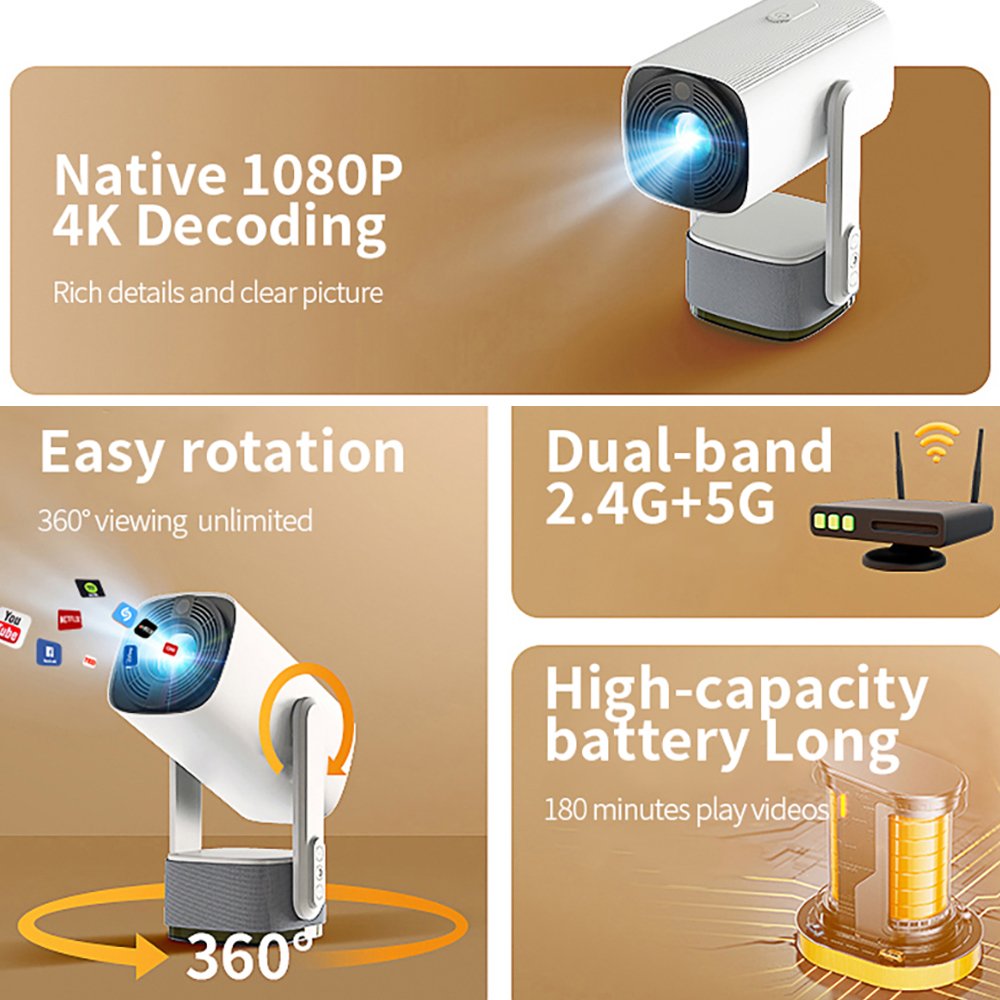 Yinzam K2 Projector, Auto Focus Keystone Zoom In/out Video Projectors with BT Speaker Android 11 WiFi6 Outdoor Battery Proyector