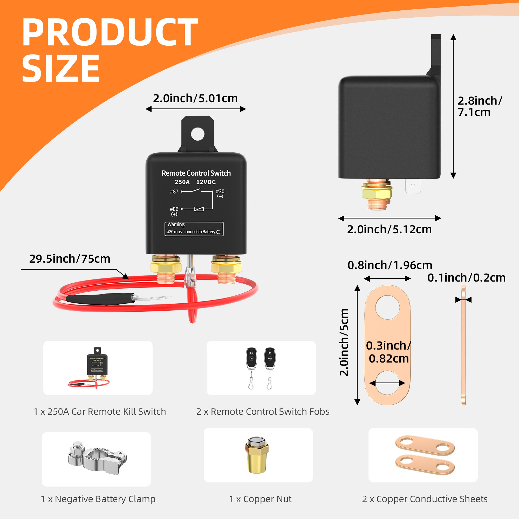 12V 250A Car Kill Switch Remote Battery Disconnect Anti-Theft with Two Wireless Remote Control Relay Fobs Auto Switches