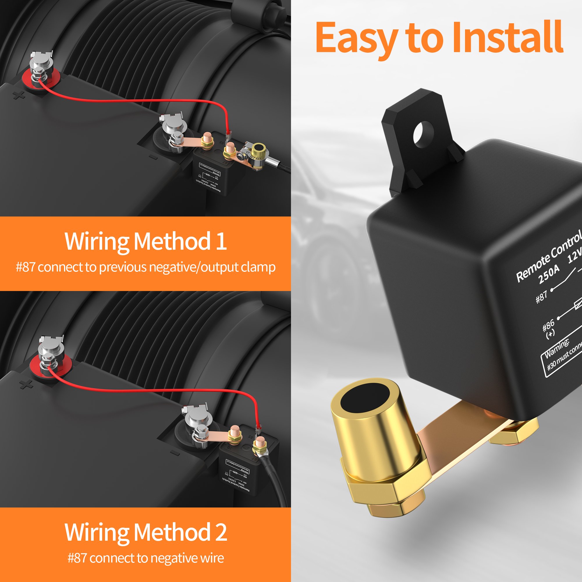 12V 250A Car Kill Switch Remote Battery Disconnect Anti-Theft with Two Wireless Remote Control Relay Fobs Auto Switches