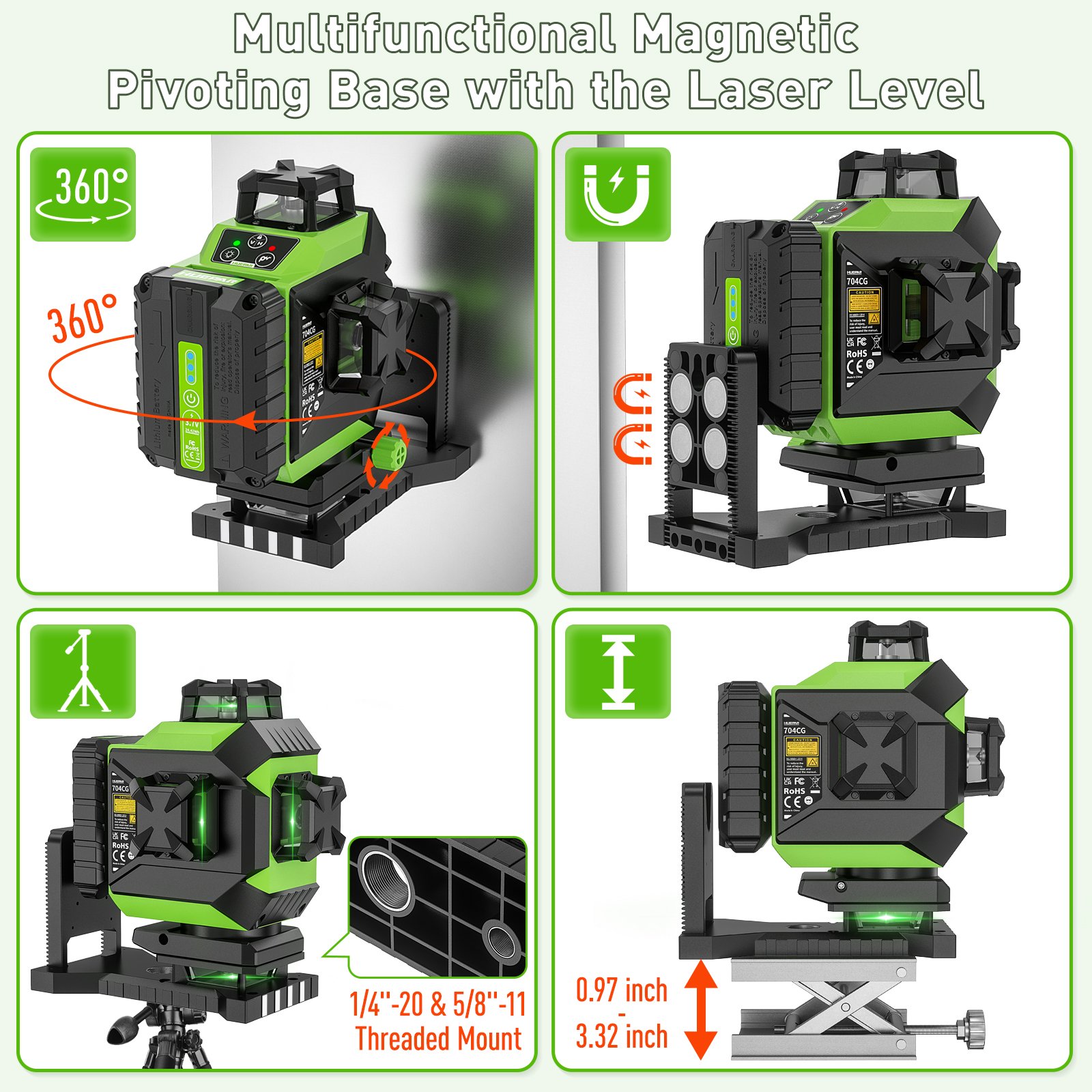 Huepar 704CG Laser Level Self-Leveling 16 Lines Auto 4D Rotary Green Beam Cross Line